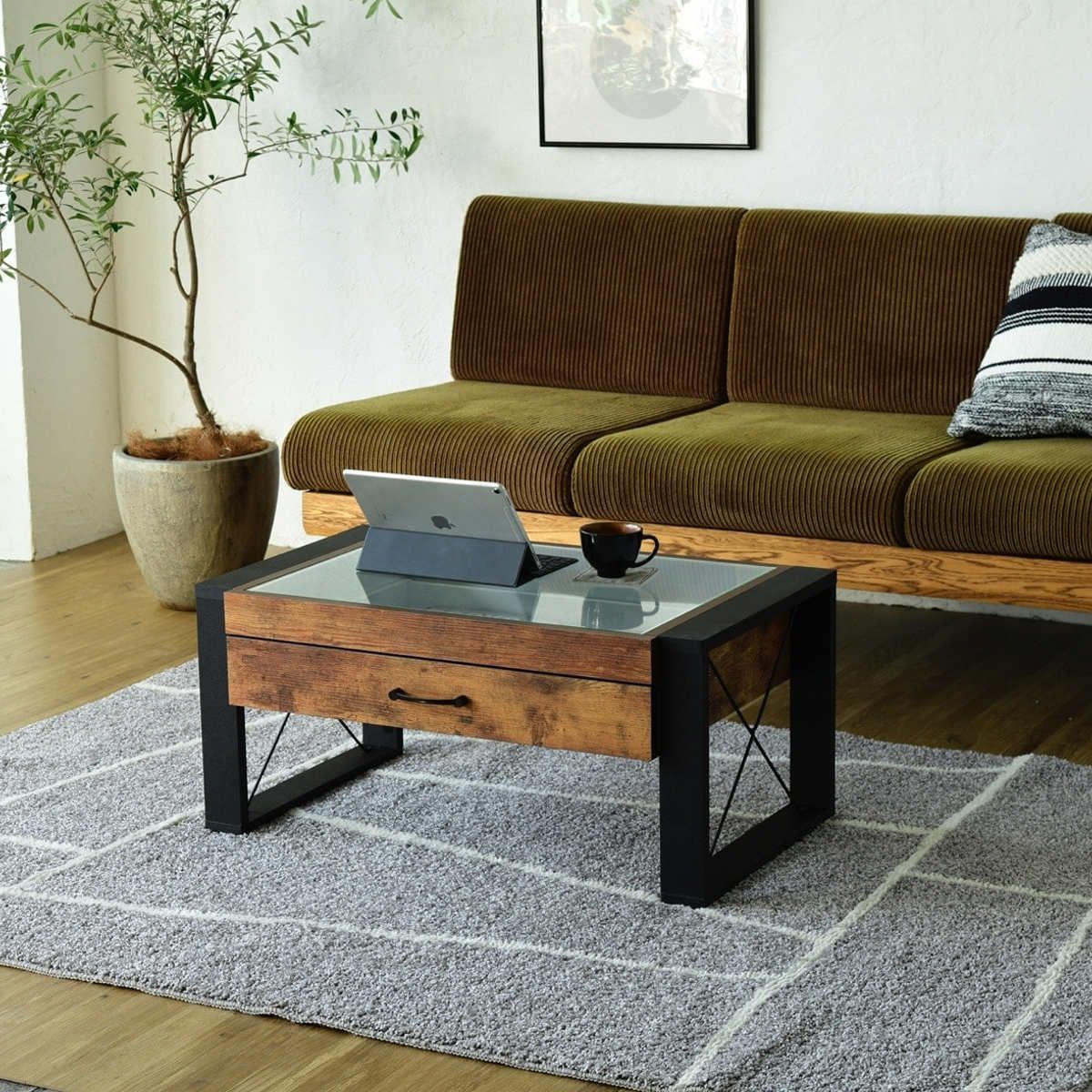 ローテーブル 幅75.5cm コレクションテーブル レトロ調 ブルックリンスタイル （ テーブル 机 リビングテーブル 引き出し 収納 センターテーブル つくえ コーヒーテーブル ガラステーブル ガラス ）
