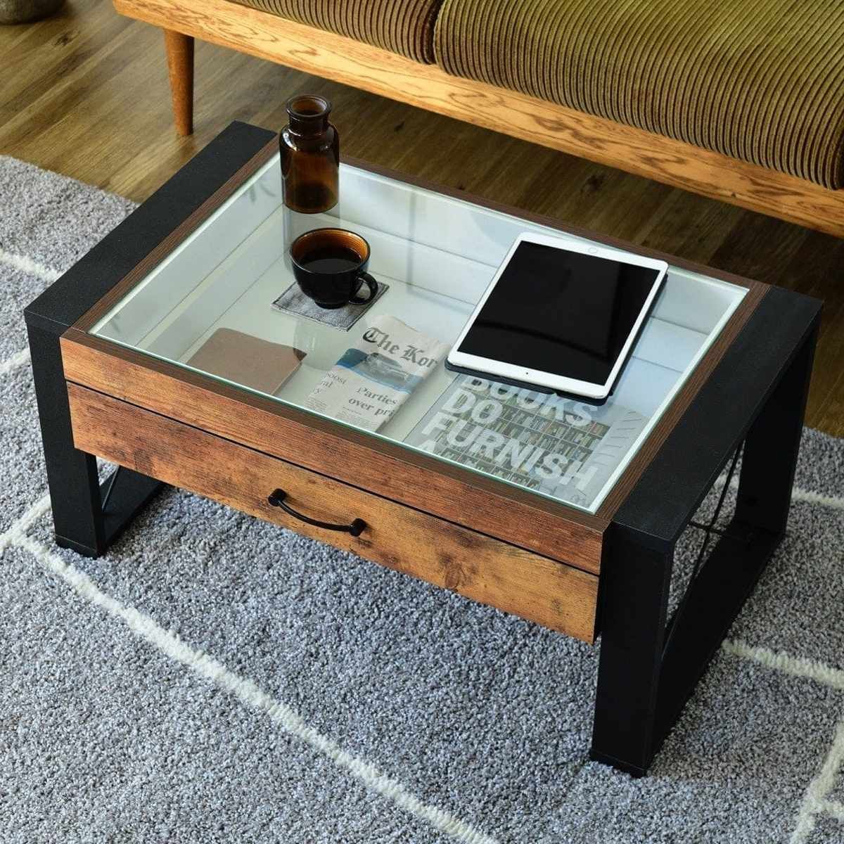 ローテーブル 幅75.5cm コレクションテーブル レトロ調 ブルックリンスタイル （ テーブル 机 リビングテーブル 引き出し 収納 センターテーブル つくえ コーヒーテーブル ガラステーブル ガラス ）
