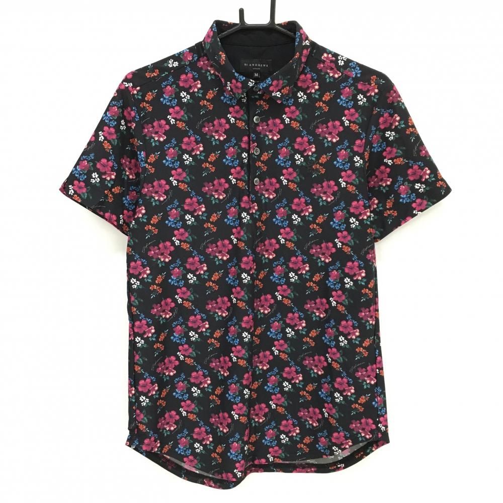 【超美品】セントアンドリュース 半袖ポロシャツ 黒×ピンク×ブルー 花柄 メンズ M ゴルフウェア St ANDREWS
