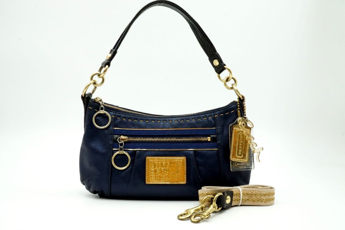 コーチ ポピー 15335 2way ミニ ショルダー ハンドバッグ アクセサリーポーチ ストラップ付き レザー 青 メタリックブルー COACH 7471h