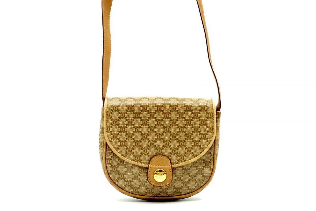 セリーヌ ヴィンテージ ミニ ショルダーバッグ ポシェット マカダム柄 クロスボディ PVCレザー 茶 ブラウン CELINE 7470h