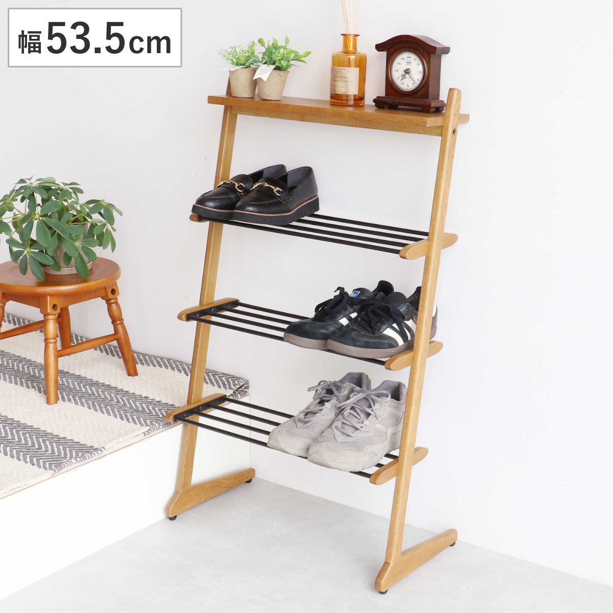 シューズラック Shoes Rack 木製 省スペース （ 靴 収納 ラック 下駄箱 靴箱 4段 オープンラック 玄関 コンパクト おしゃれ オーク 天然木 一人暮らし 後付け ラダーラック シューズ アイアン インテリア ディスプレイ 8足 家具 ）