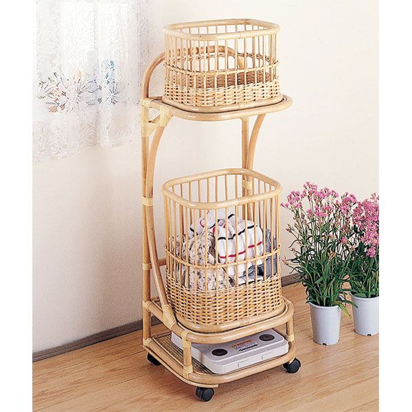 ランドリーラック ラタン バスケット付 籐家具 幅42cm （ 洗濯かご バスケット アジアン ）