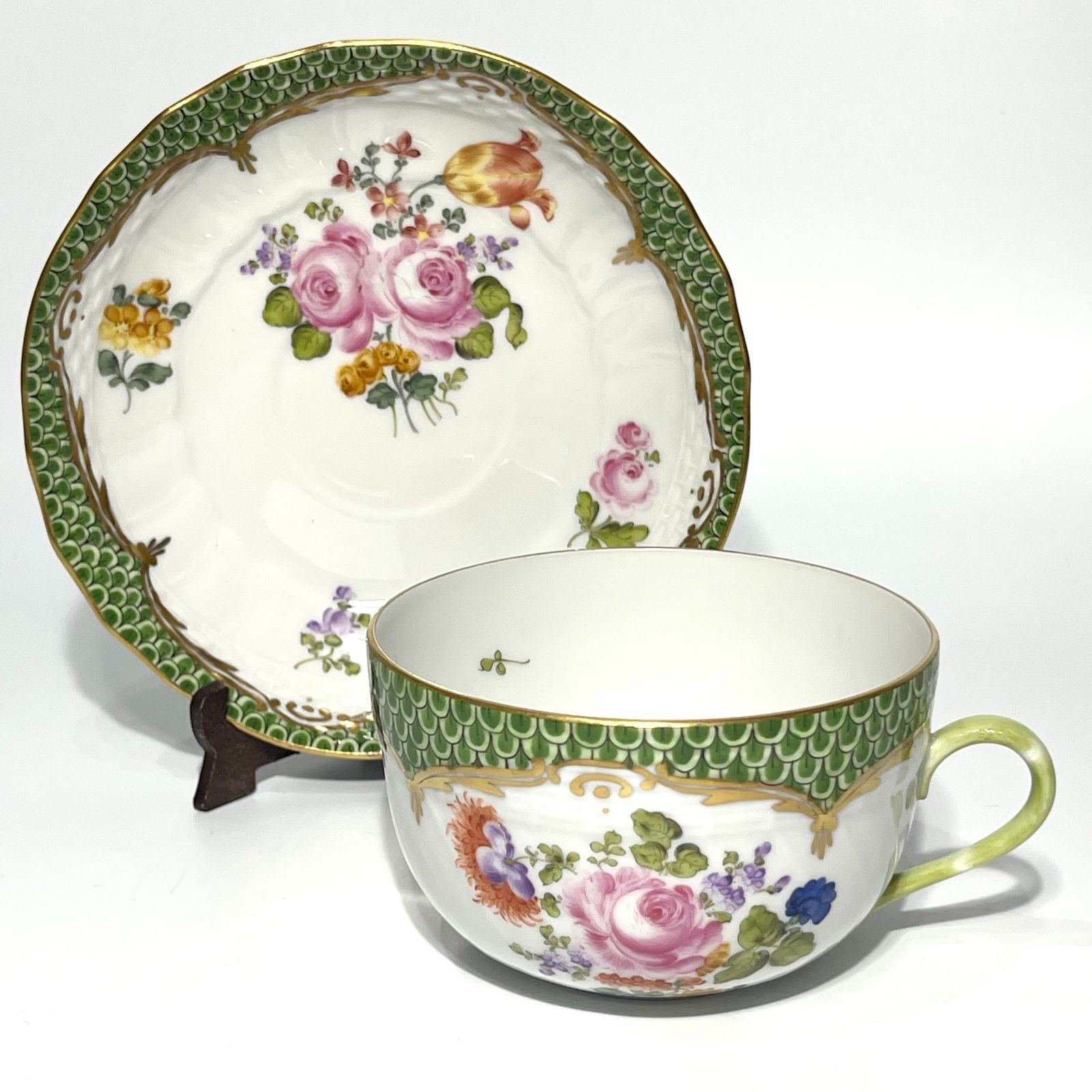 希少　ヘレンド　ザクセンフラワー グリーンスケール　ティーカップ＆ソーサー ◇ Herend Sachsen Flower Greenscale