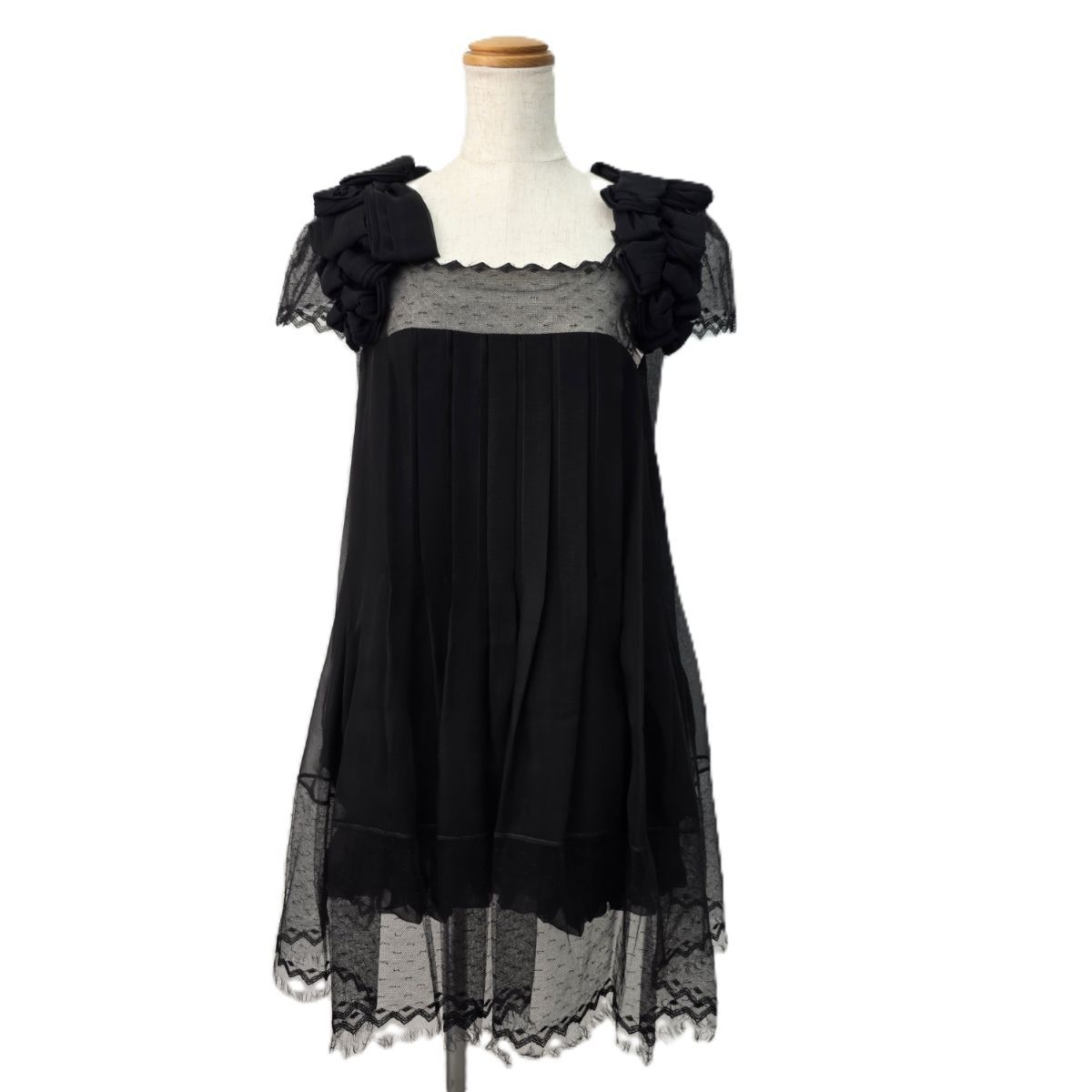 CHANEL シャネル 肩リボン レース×チュール プリーツ ドレス バルーン裾 ワンピース P43134V12596 レディース 36 シルク ブラック 中古