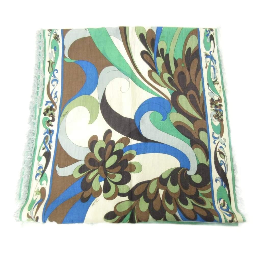エミリオプッチ EMILIO PUCCI 薄手 ストール スカーフ 総柄 シルク混 フリンジ 青 緑 ブルー グリーン 0821 10,425円