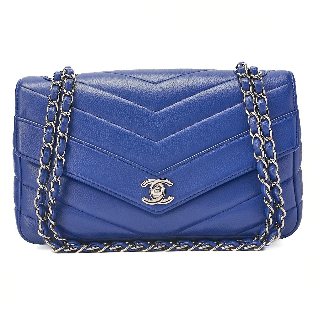 CHANEL シャネル　キャビアスキン 　Vステッチ　Vフラップ　シングル　チェーンショルダ　ネイビー　 シルバー金具　 【中古】【送料無料】