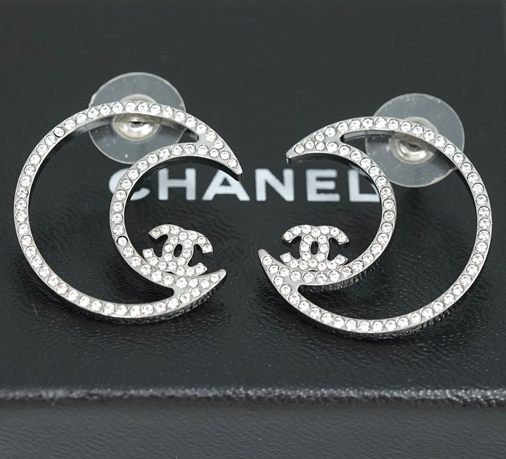 シャネル CHANEL ココマーク 月 ムーン ピアス シルバー ラインストーン 保存箱 【極美品】