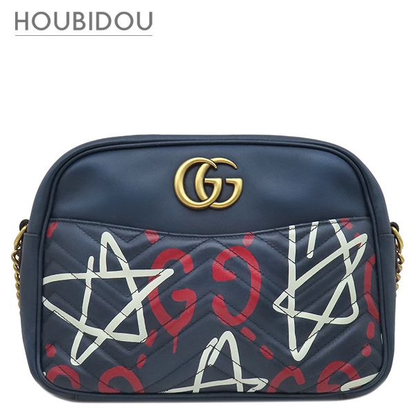 グッチ GUCCI ショルダーバッグ GGマーモント ゴースト チェーンショルダー レザー シェブロンキルティングレザー ネイビー マットゴールド金具 443499【中古】 55,517円