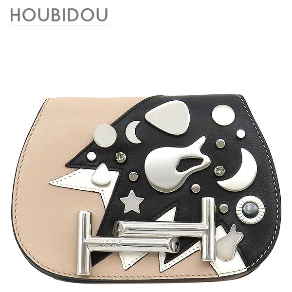 トッズ TODS ショルダーバッグ ダブルT レザー ラインストーン ピンク×ブラック シルバー金具 ショルダー メタルパーツ 星 月 【中古】
