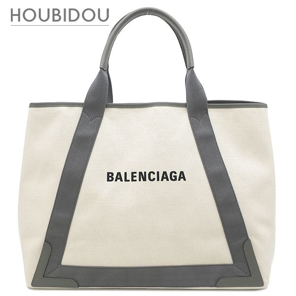 バレンシアガ BALENCIAGA トートバッグ ネイビーカバス M キャンバス レザー ナチュラル×グレー シルバー金具 白 ロゴ トート Navy カバ 339936 【保存袋】【中古】