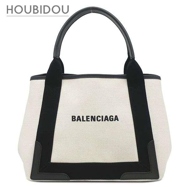 バレンシアガ BALENCIAGA トートバッグ ネイビーカバス S キャンバス レザー ナチュラル×ブラック シルバー金具 黒 白 ロゴ トート Navy カバ 339933【中古】
