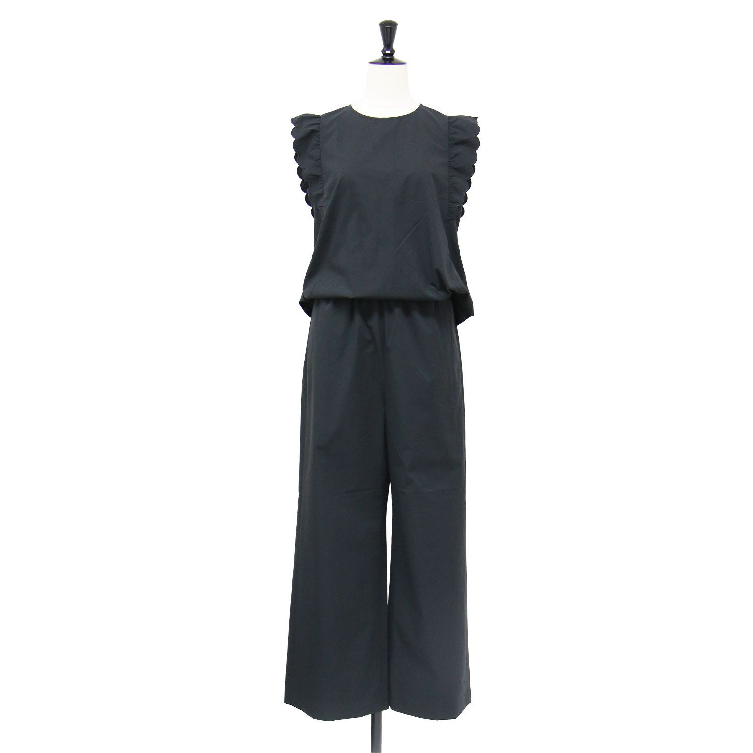 UNITED ARROWS ユナイテッドアローズ オールインワン ブラック 黒 38(M) 26春夏 スカラップ フリル オールインワン ジャンプスーツ サロペット パンツ ノースリーブ クルーネック ボトムス【レディース】【中古】