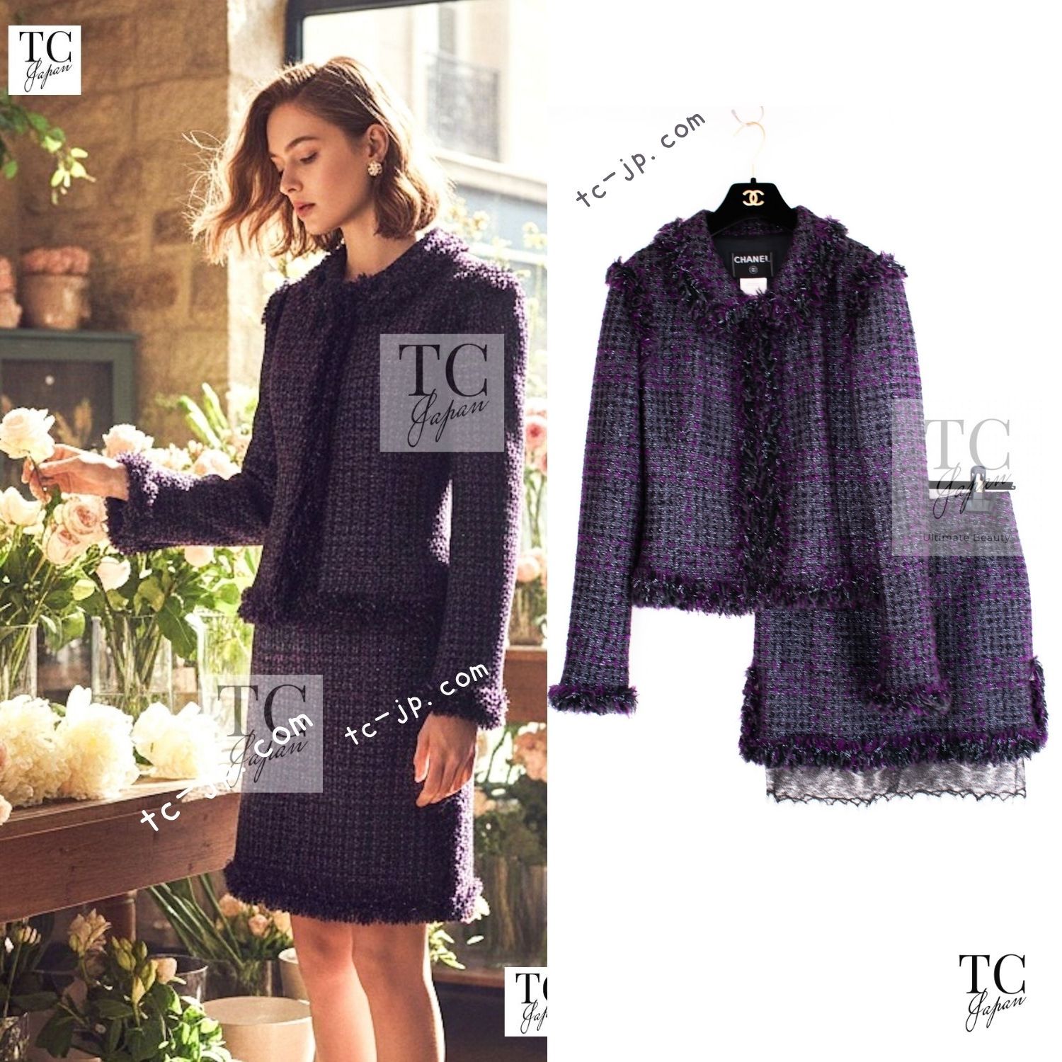 シャネル ジャケット スーツ CHANEL 126万 パープル ブラック ウール ツイード スカート カール・ラガーフェルド 美品 38 40 160,000円