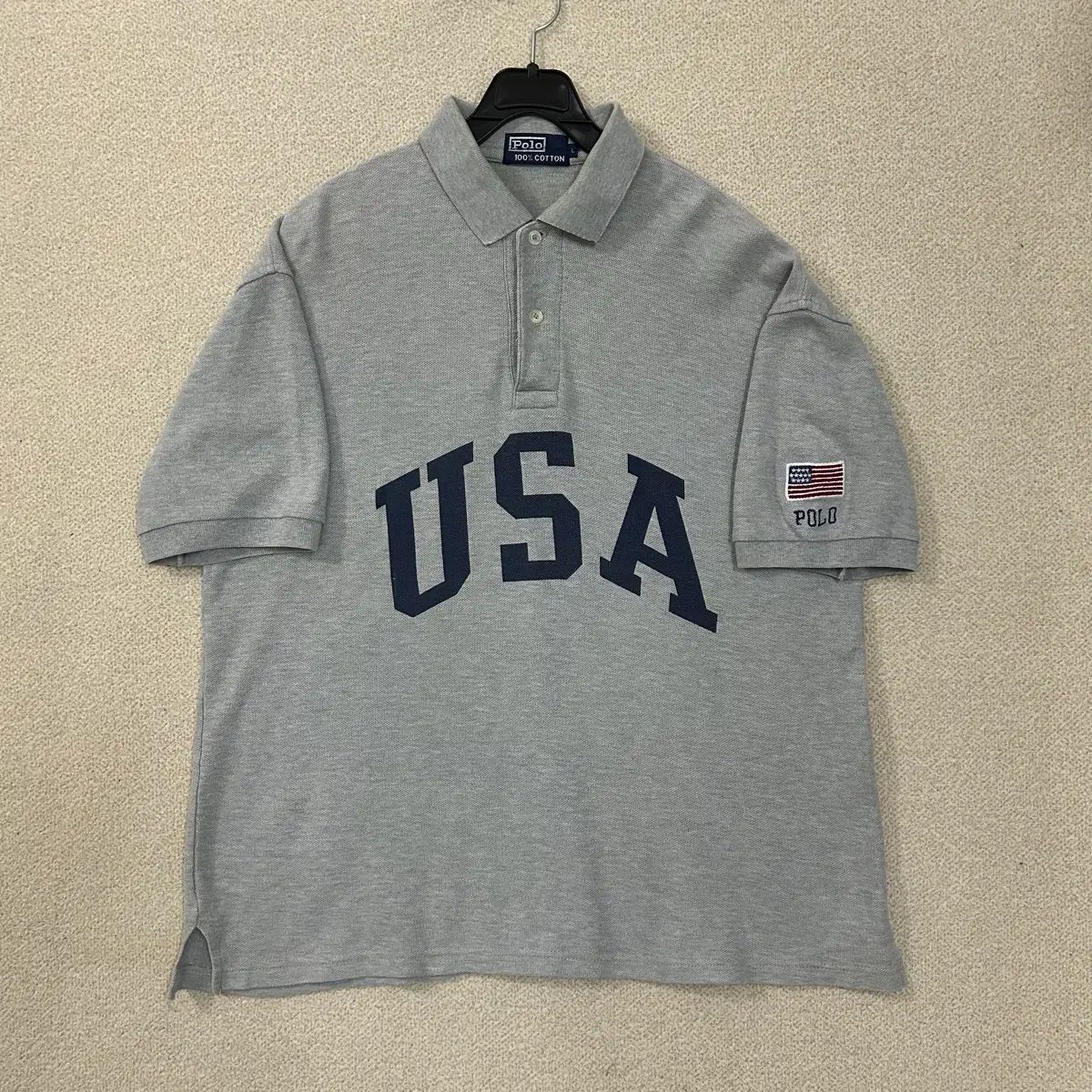 (L)90s ポロ ラルフローレン USA 半袖 カラーTシャツ グレー