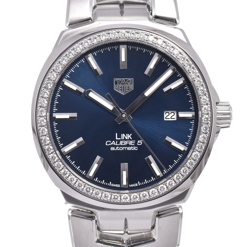 タグホイヤー TAG HEUER WBC2113 リンク キャリバー5 ダイヤモンドベゼル ブルー 自動巻き メンズ 美品 箱付き 腕時計 D#149785