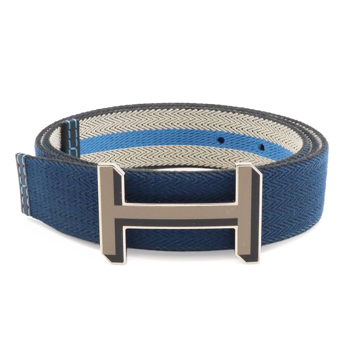 HERMES エルメス Hバックル リバーシブル ベルト ストライプ キャンバス レザー ネイビー 紺 ライトグレー ブルー シルバー金具 #90