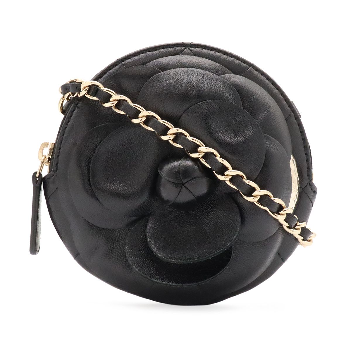 CHANEL シャネル カメリア マトラッセ チェーン ポシェット ショルダーバッグ ミニバッグ ラムスキン レザー ブラック 黒 ゴールド金具 AP2121