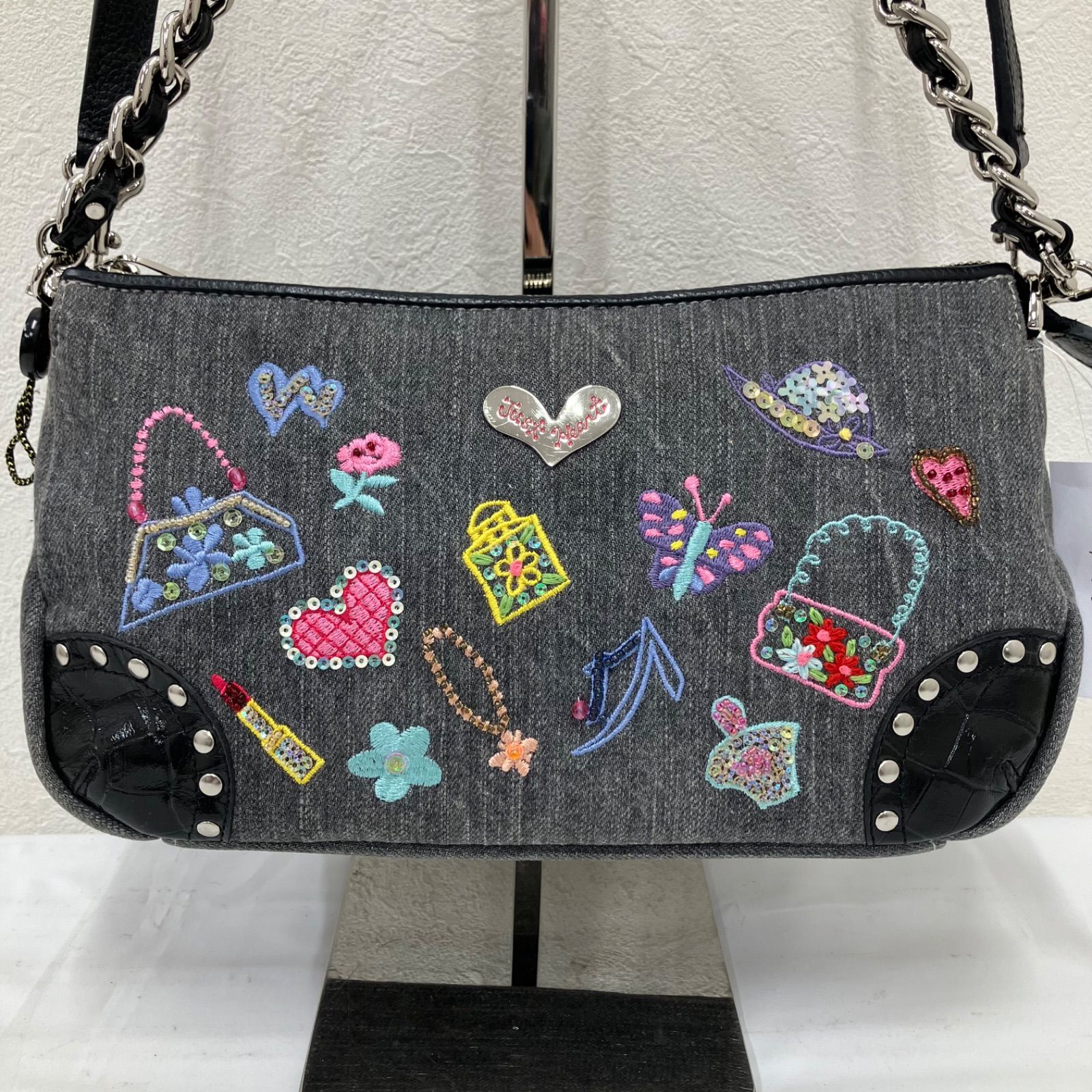 7550　【良品】　Think Bee!　シンクビー！　2way　ショルダーバッグ　トートバッグ　ハンドバッグ　ブラックポンド　デニム　グレー　ブラック　レザー　スパンコール　ビーズ　レディース　ゴブラン織り 15,000円