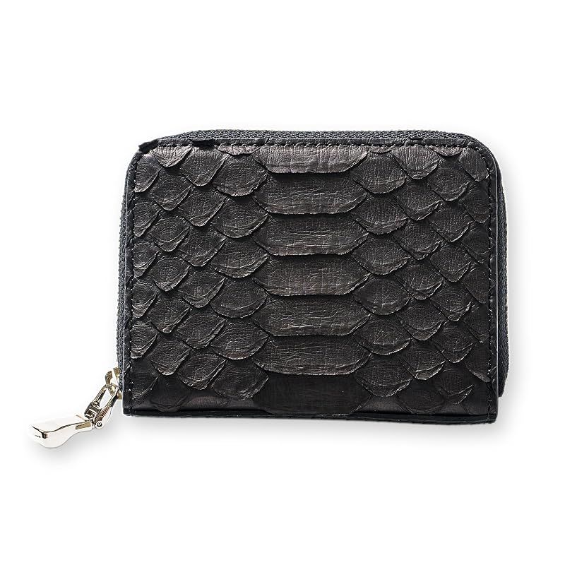 [CLW クロコダイルレザーワークス] ダイヤモンドパイソンラウント?小銭入れマットブラック（シルバーファスナー） 日本製 パイソン ヘビ革 蛇革 財布 小銭入れ ミニ財布 ブラック 黒 小さい ブランド ギフト プレゼント