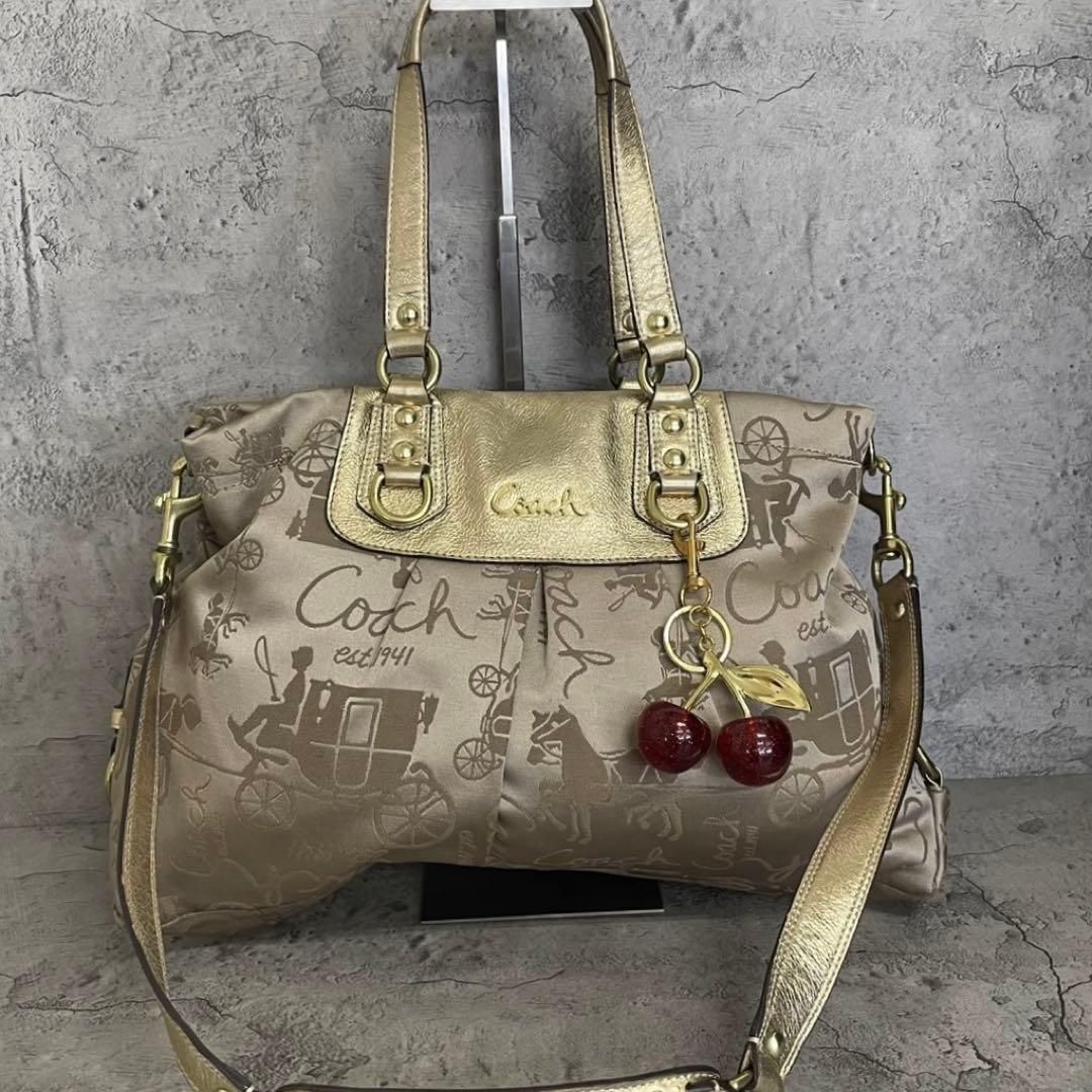美品　COACH Y2K Ashley Gold 2way Shoulder Bag　コーチ 2way ショルダーバッグ アシュレイ ホースアンドキャリッジ キャンバス レザー 金 ゴールド 7,350円