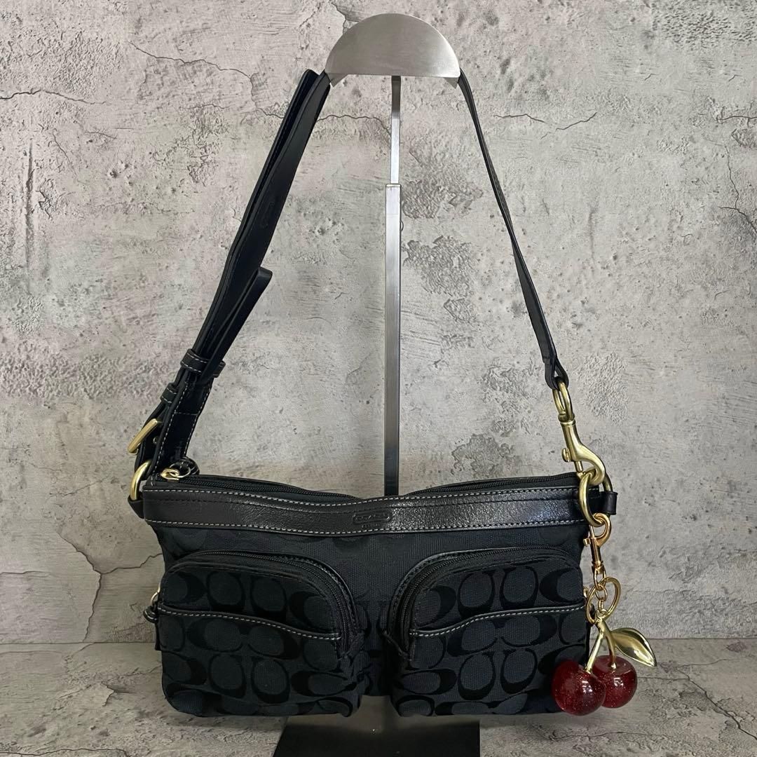 極美品　COACH Y2K Double Pocket Signature Bag　ワンショルダーバッグ アクセサリーポーチ シグネチャー ダブルポケット 金金具 レザー キャンバス 黒 ブラック 11,165円