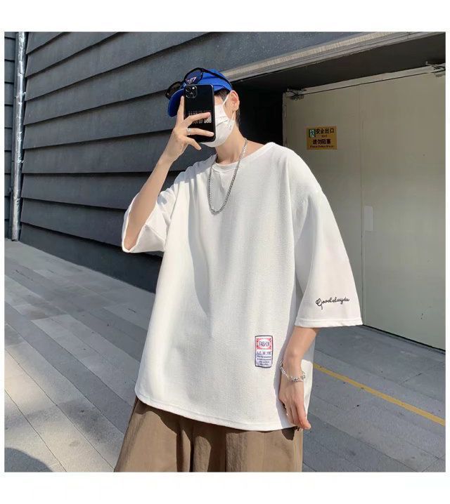 Tシャツ  メンズ 無地 袖刺繍 ルーズ ビッグシルエット 五分袖 トップス カジュアル ゆったり 半袖Tシャツ  無地 薄手 レイヤード 夏 夏服 ファッション fuhai30 thumbnail 4