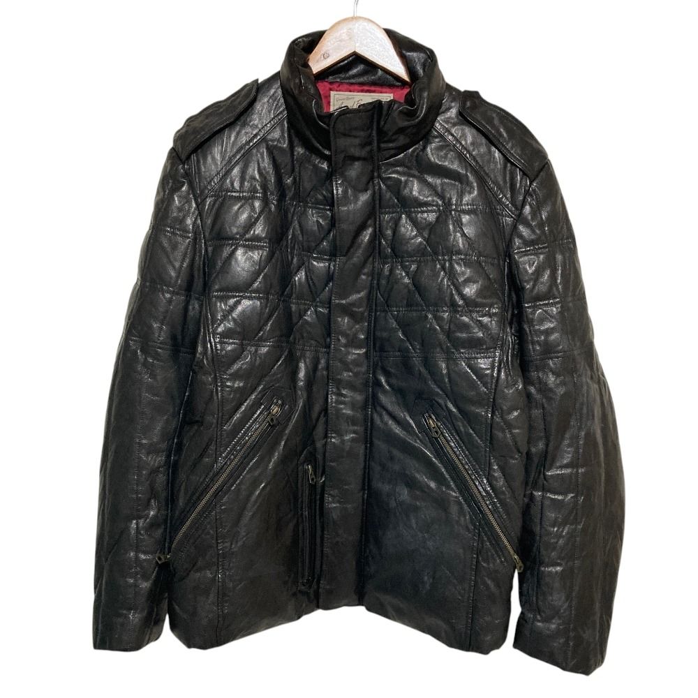 良品 AVIREX アヴィレックス ゴートレザー キルト ダウンジャケット 6121015 サイズ2XL ブラック メンズ 古着 中古 USED