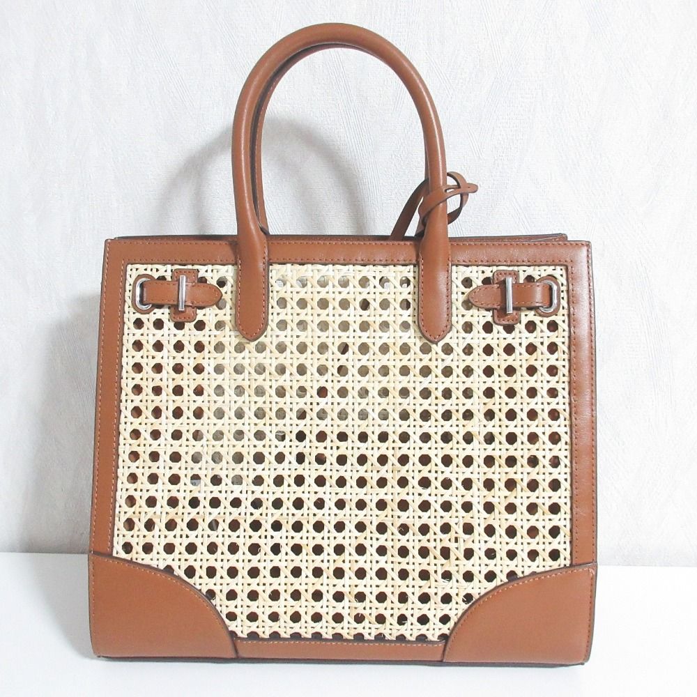 美品 25SS LAUREN RALPH LAUREN ローレンラルフローレン レザー ラタン ミディアム DEVYN トートバッグ ベージュ ブラウン レディース 古着 中古 USED