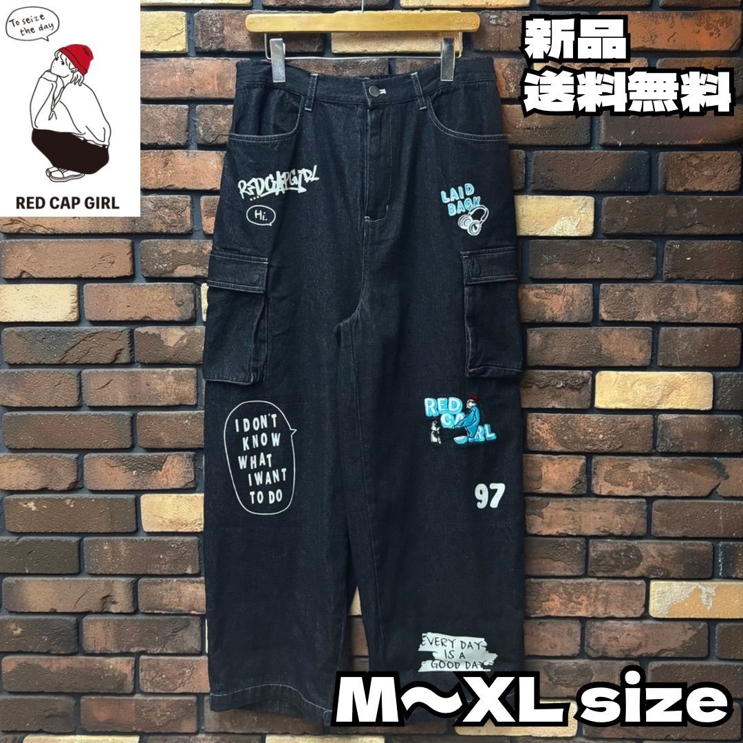 【RED CAP GIRL/レッドキャップガール】プリント刺繍デニムカーゴパンツ 1127128 ブラック グラフィック ストリート カジュアル ユニセックス 男女兼用 メンズ レディース 新品 未使用 送料込み