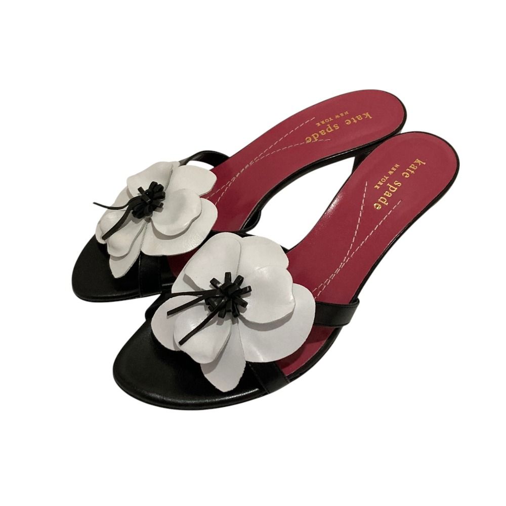 未使用 kate spade new york ケイト スペード フラワーモチーフ レザー サンダル ミュール 6 1/2 C 約23.5cm ブラック ホワイト レディース 古着 中古 USED 7,749円