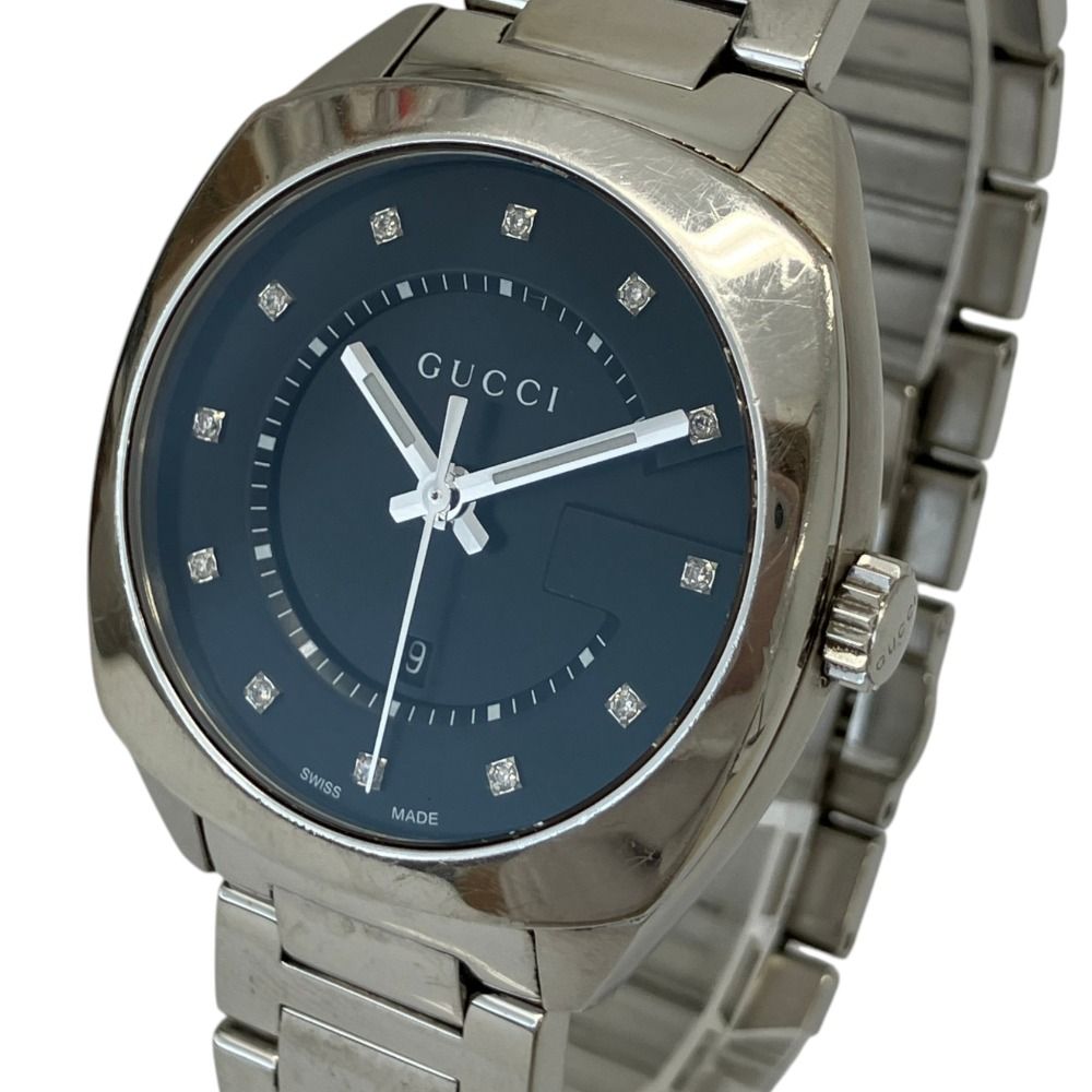 GUCCI グッチ 12Pダイヤ デイト ボーイズ 腕時計 142.4 黒文字盤 シルバーカラー レディース 古着 中古 USED