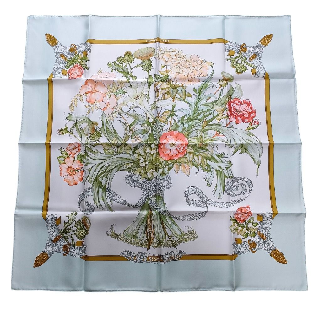 美品 HERMES エルメス REGiNA カレ90 シルク100％ 花柄 大判 バンダナ スカーフ ライトブルー マルチカラー レディース 古着 中古 USED 17,272円