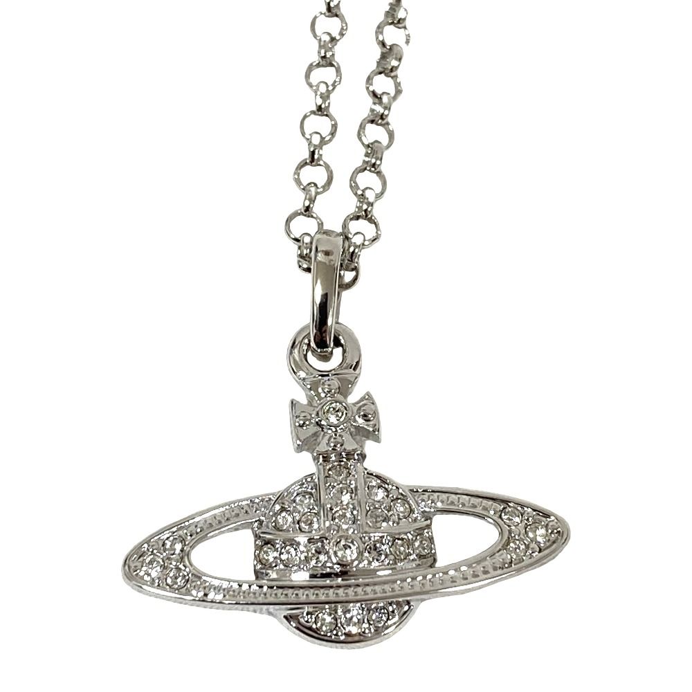 新品同様 Vivienne Westwood ヴィヴィアンウエストウッド ミニ バス レリーフ ラインストーン オーブロゴ ネックレス シルバーカラー レディース 古着 中古 USED