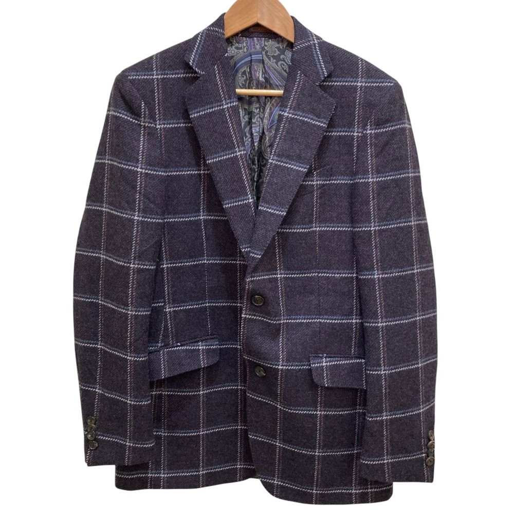 美品 ETRO エトロ 裏地ペイズリー柄 ウール チェック テーラードジャケット サイズ48 パープル メンズ 古着 中古 USED