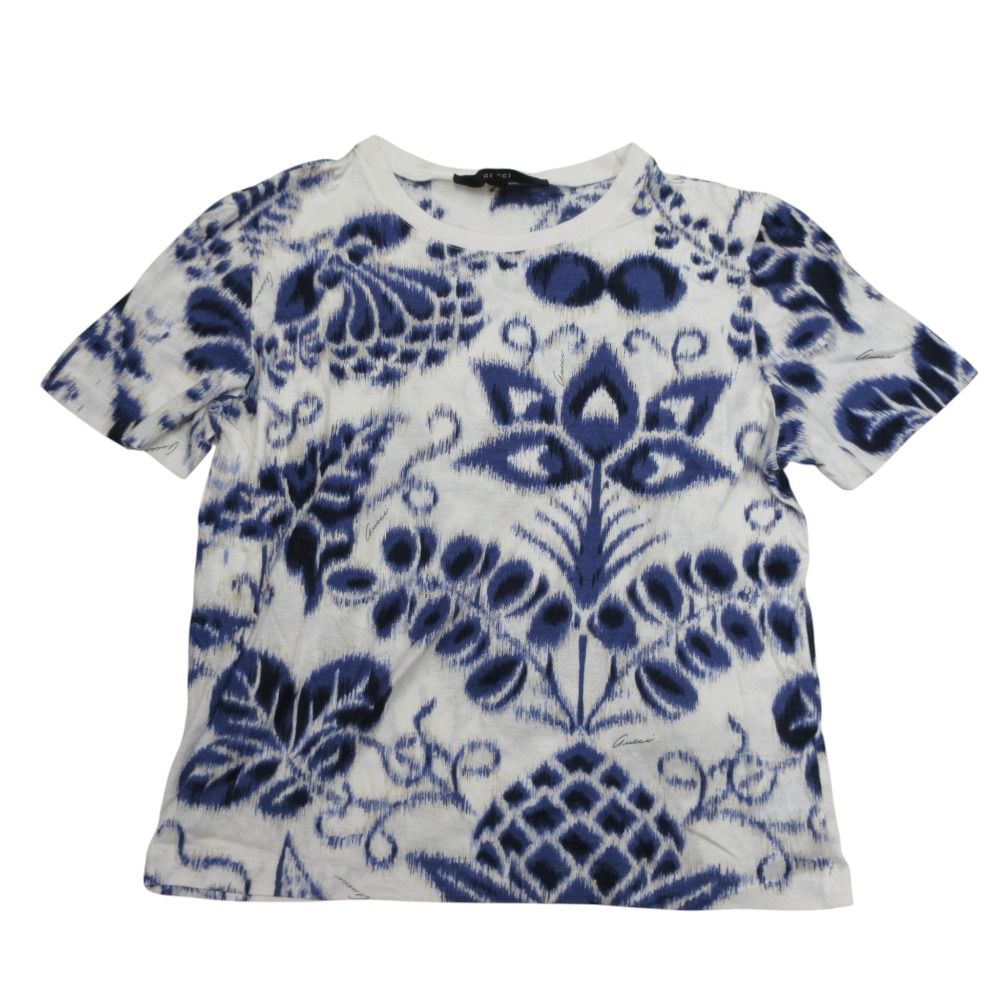 美品 GUCCI グッチ フラワープリント クルーネック ショートスリーブ クロップド Tシャツ カットソー S ホワイト ネイビー レディース 古着 中古 USED