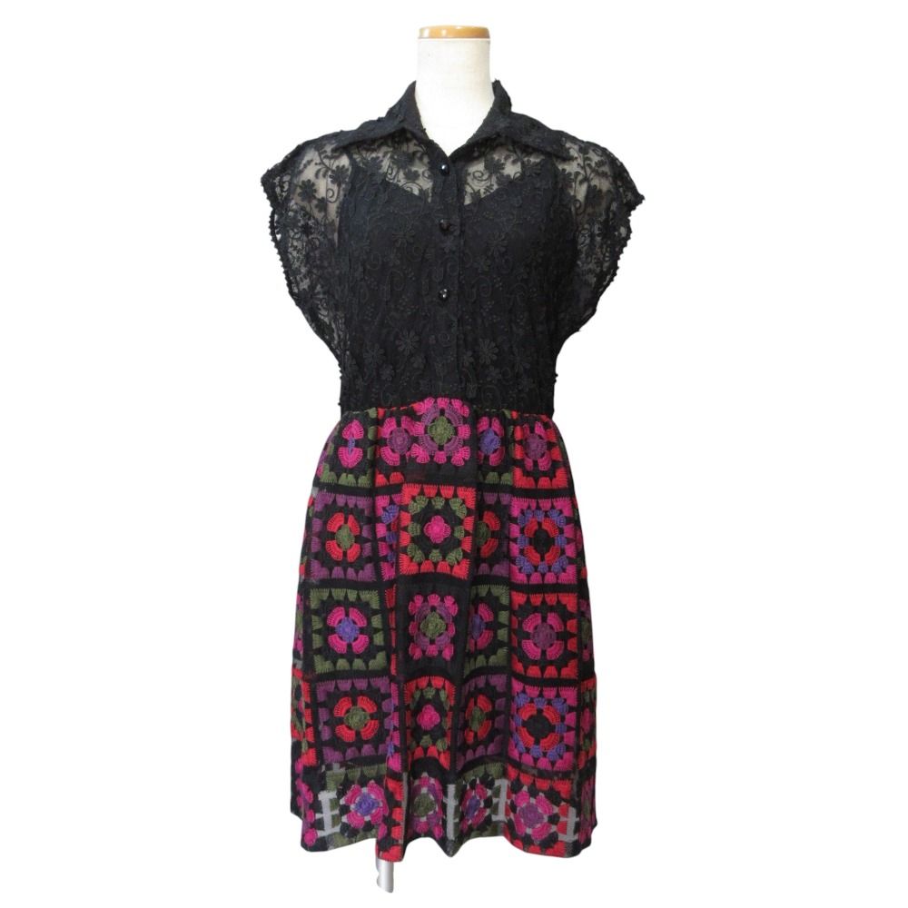 美品 ANNASUI アナスイ レースシャツ 刺繍 ドッキング ワンピース 2 ブラック レディース 古着 中古 USED 9,248円