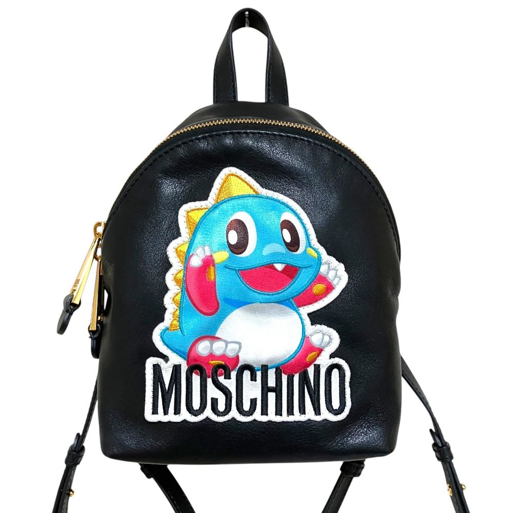 美品 MOSCHINO モスキーノ パズルボブル ロゴワッペン レザー ミニリュックサック D1A7498 ブラック レディース 古着 中古 USED