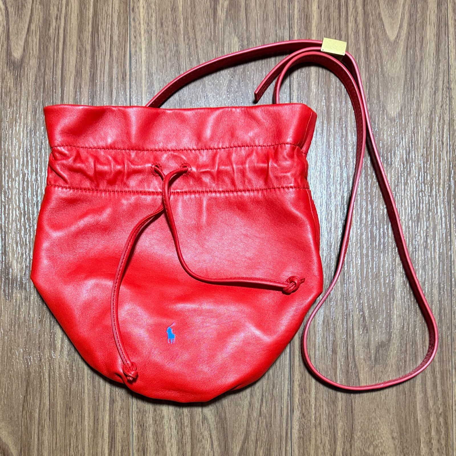 Polo Ralph Lauren 羊革 ポニーポーチ 巾着 ショルダーバッグ レッド
