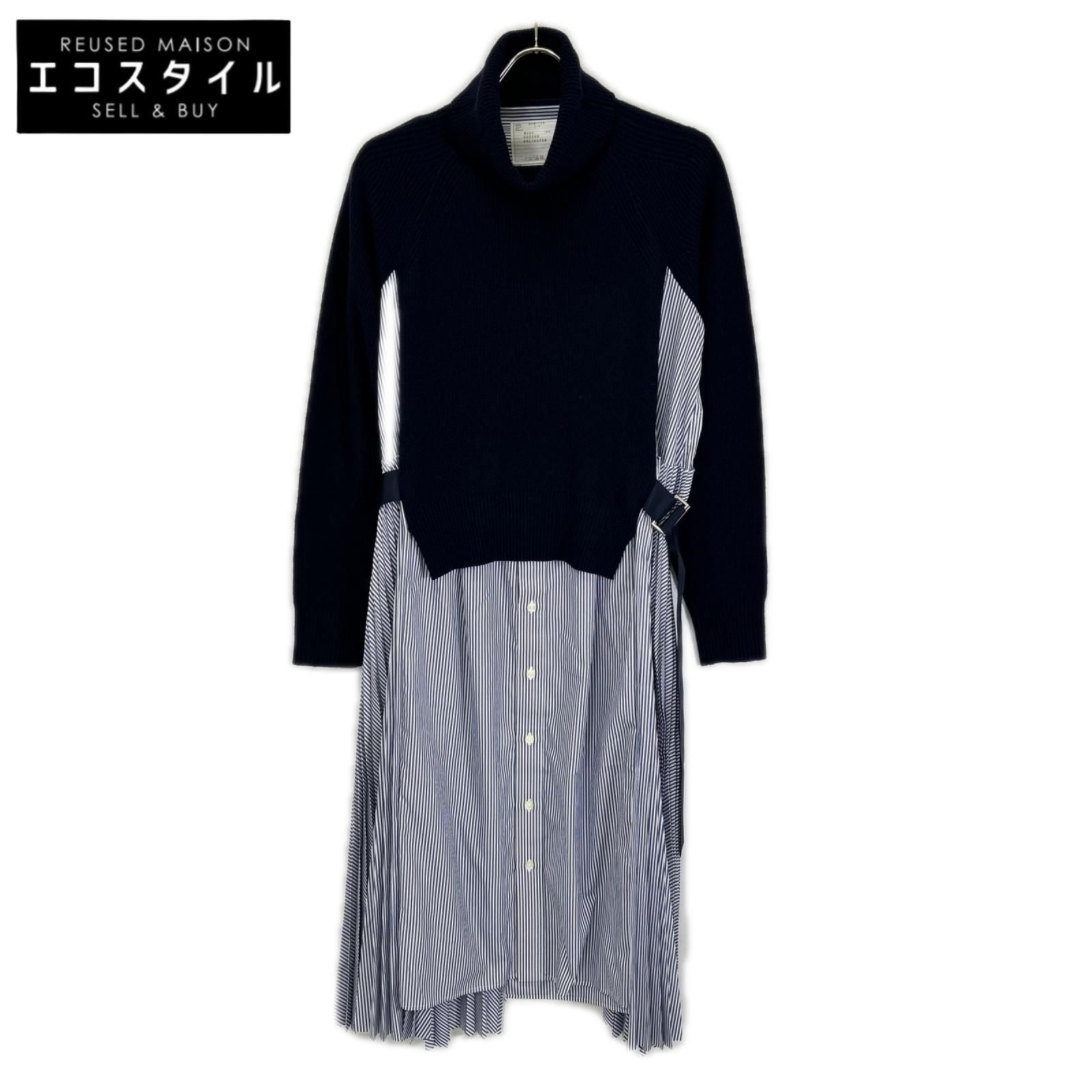 sacai　サカイ　23年製 SCW-109 ブルー×ホワイト シャツ ニット ドッキング ワンピース　1