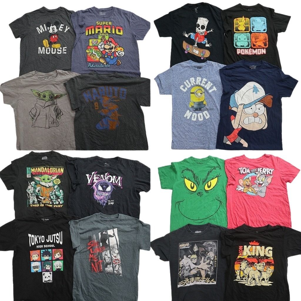 古着卸 まとめ売り キャラクター Tシャツ 16枚セット ( メンズ M ) ナルト ディズニー ポケモン ミニオンズ グリンチ 中古 古着 NG2823