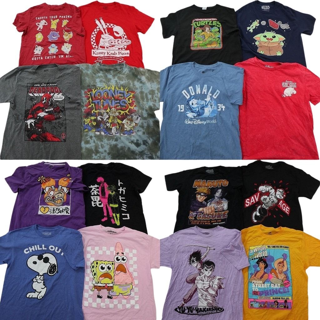古着卸 まとめ売り キャラクター Tシャツ 16枚セット ( メンズ M ) ポケモン ナルト 幽遊白書 スヌーピータートルズ 中古 古着 NG2848