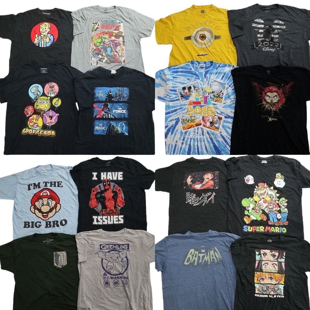 古着卸 まとめ売り キャラクター Tシャツ 16枚セット ( メンズ XL ) スポンジボブ マーベル 鬼滅の刃 グレムリン キズモ 中古 古着 NG2876