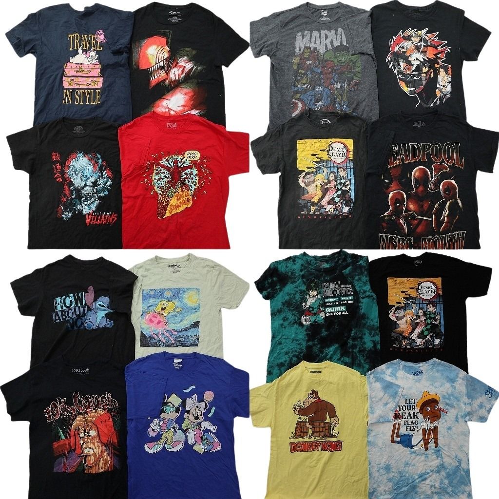 古着卸 まとめ売り キャラクター Tシャツ 16枚セット ( メンズ M ) 鬼滅の刃 ドンキーコング ナルト ディズニー 中古 古着 NG2886