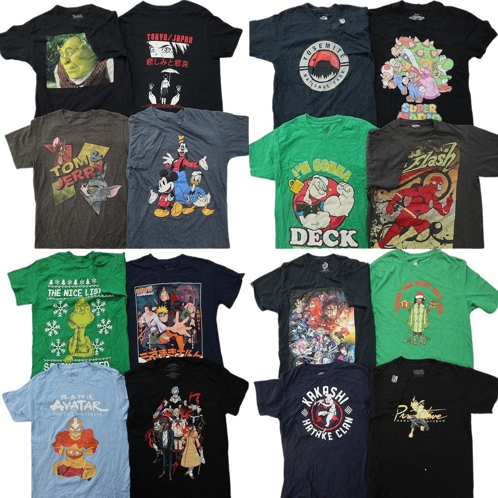 古着卸 まとめ売り キャラクター Tシャツ 16枚セット ( メンズ S ) トムとジェリー ナルト グリンチ マリオ マーベル 中古 古着 NG2889