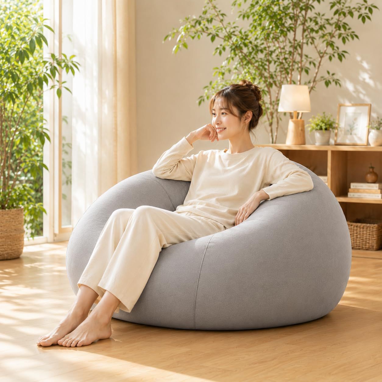 ビーズクッション 特大 70×60cm 一人掛け ビーズソファ 体にフィット 取っ手付き 洗えるカバー (グレー, Medium) Ju