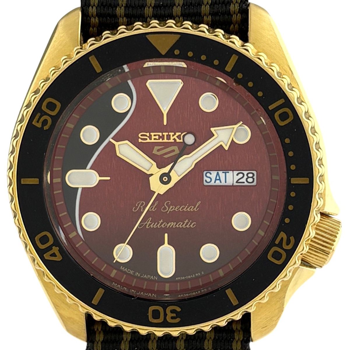 セイコー SEIKO 5スポーツ ブライアンメイ コラボ SBSA160 4R36-12E0 腕時計 SS ナイロン 自動巻き レッド系 メンズ 【中古】