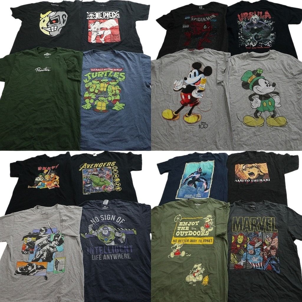 古着卸 まとめ売り キャラクター Tシャツ 16枚セット ( メンズ L ) ワンピース タートルズ ナルト 少年クラブ マーベル 中古 古着 NG3084