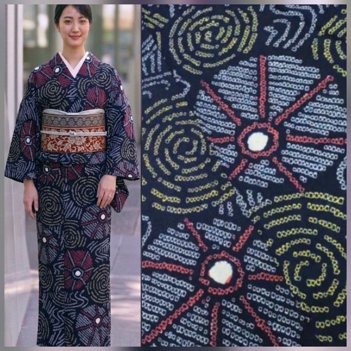 ​極美品 有松鳴海絞り 浴衣 夏着物 手縫い 居敷当 番傘流水 5月～10月可 S-⑧