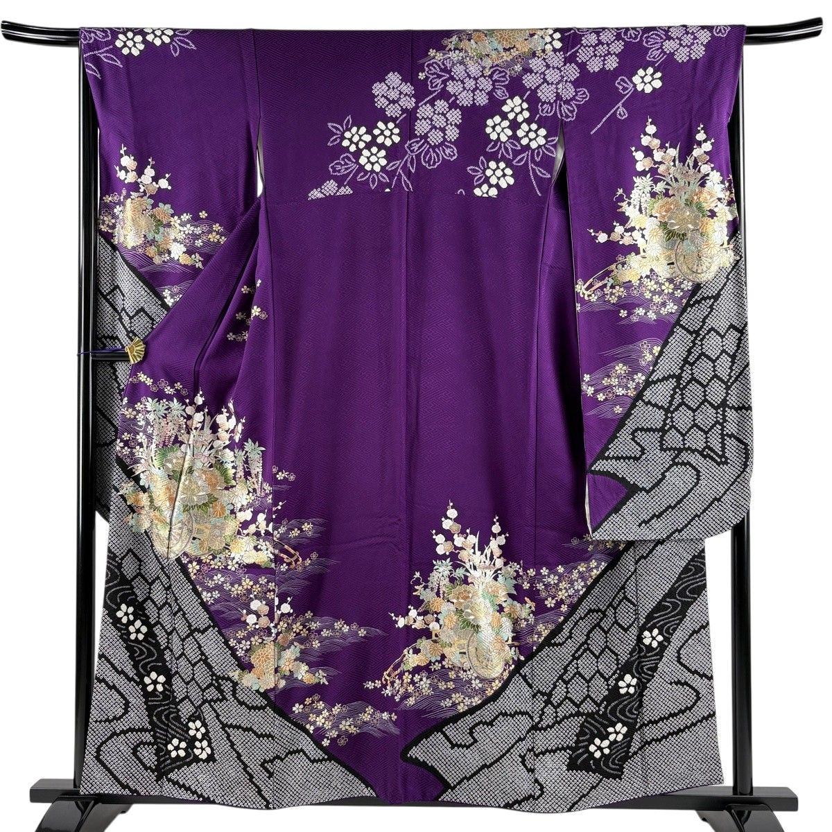 振袖 身丈157cm 裄丈66cm M 袷 やまと 花車 波 金銀彩 絞り 紫 正絹 秀品 【中古】